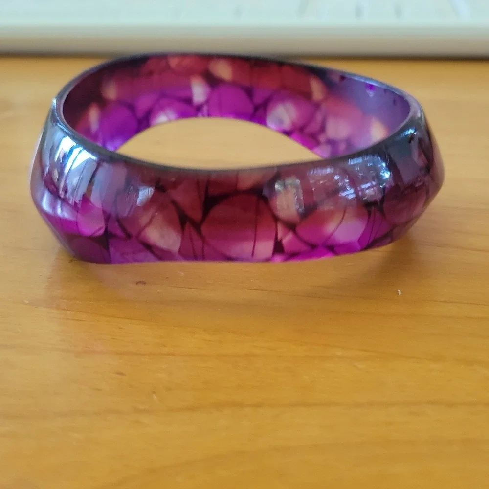 Purple Resin Bangle Bracelet Shell Mosaic Inlay Wide Domed 2.5 Inch